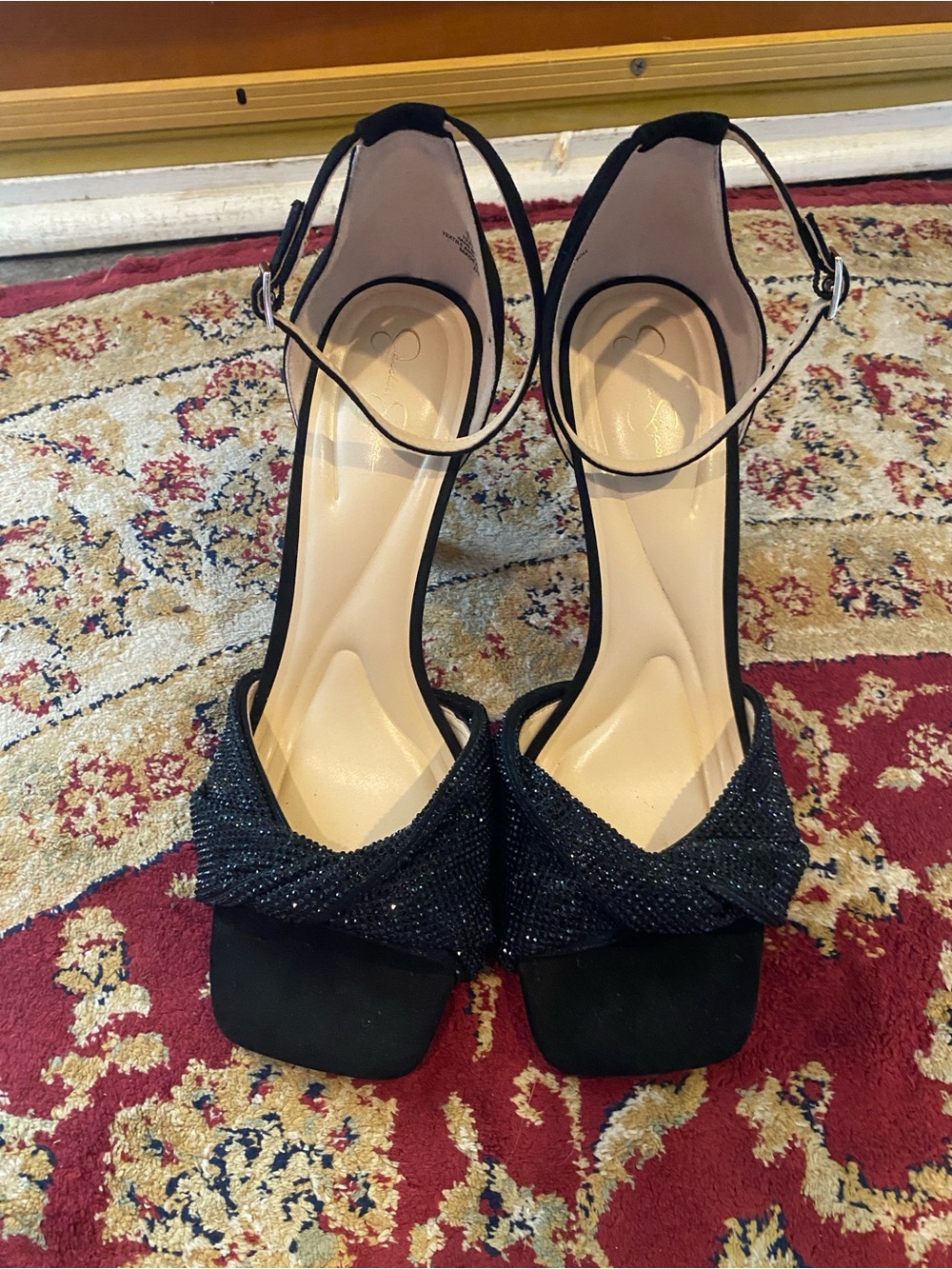 Jessica Simpson Black Ankle-Strap Evening Sandals w/ Twisted Beaded Top Size 11